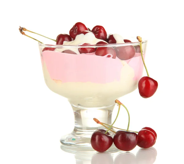 Delicious cherry dessert in glass vase isolated on white — Stock Photo, Image