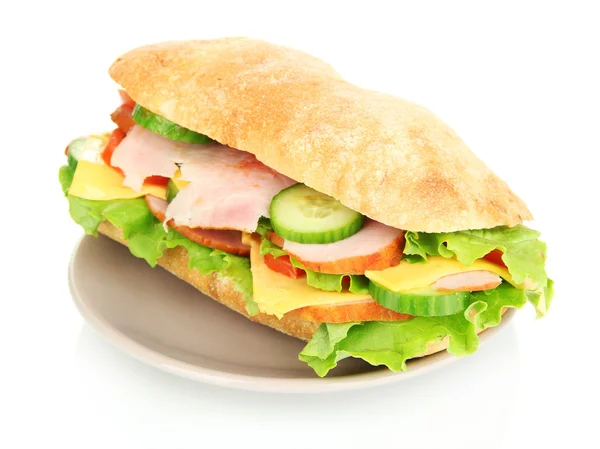 Fresh and tasty sandwich with ham and vegetables isolated on white — Stock Photo, Image