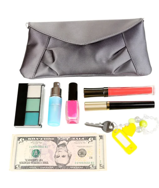 Items contained in the women's handbag isolated on white — Stock Photo, Image