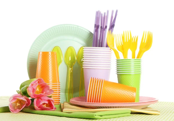 Multicolored plastic tableware isolated on white — Stock Photo, Image