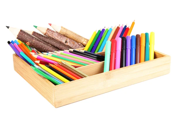 Diferentes lápis em caixa de madeira, isolado em branco — Fotografia de Stock