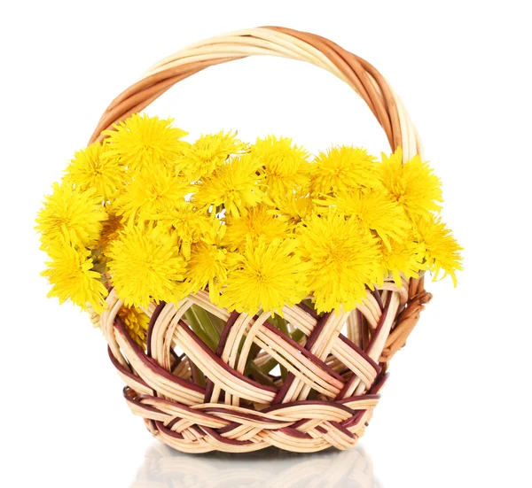 Dandelion flowers in wicker basket isolated on white — Stock Photo, Image