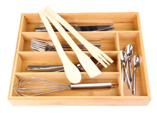 Wooden cutlery box with checked cutlery isolated on white — Stock Photo, Image