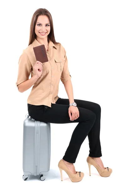 Bavullu genç iş kadını beyaza izole edilmiş. — Stok fotoğraf
