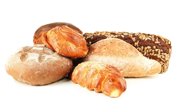 Samenstelling met brood en broodjes, geïsoleerd op wit — Stockfoto