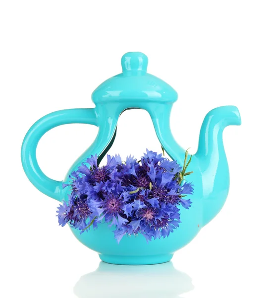 Beautiful bouquet of cornflowers in vase-teapot, isolated on white — Stock Photo, Image