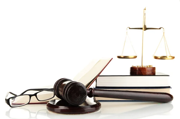 Golden scales of justice, gavel and books isolated on white — Stock Photo, Image