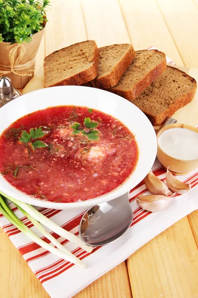 Delicious borsch on table close-up — Stock Photo, Image