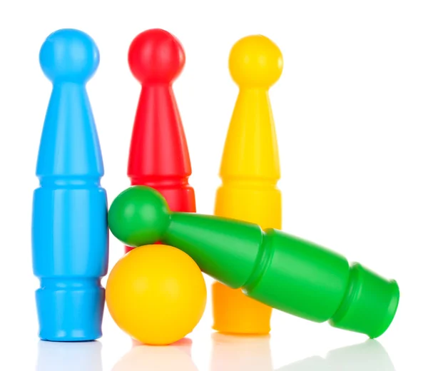 Colorful plastic skittles of toy bowling isolated on white — Stock Photo, Image