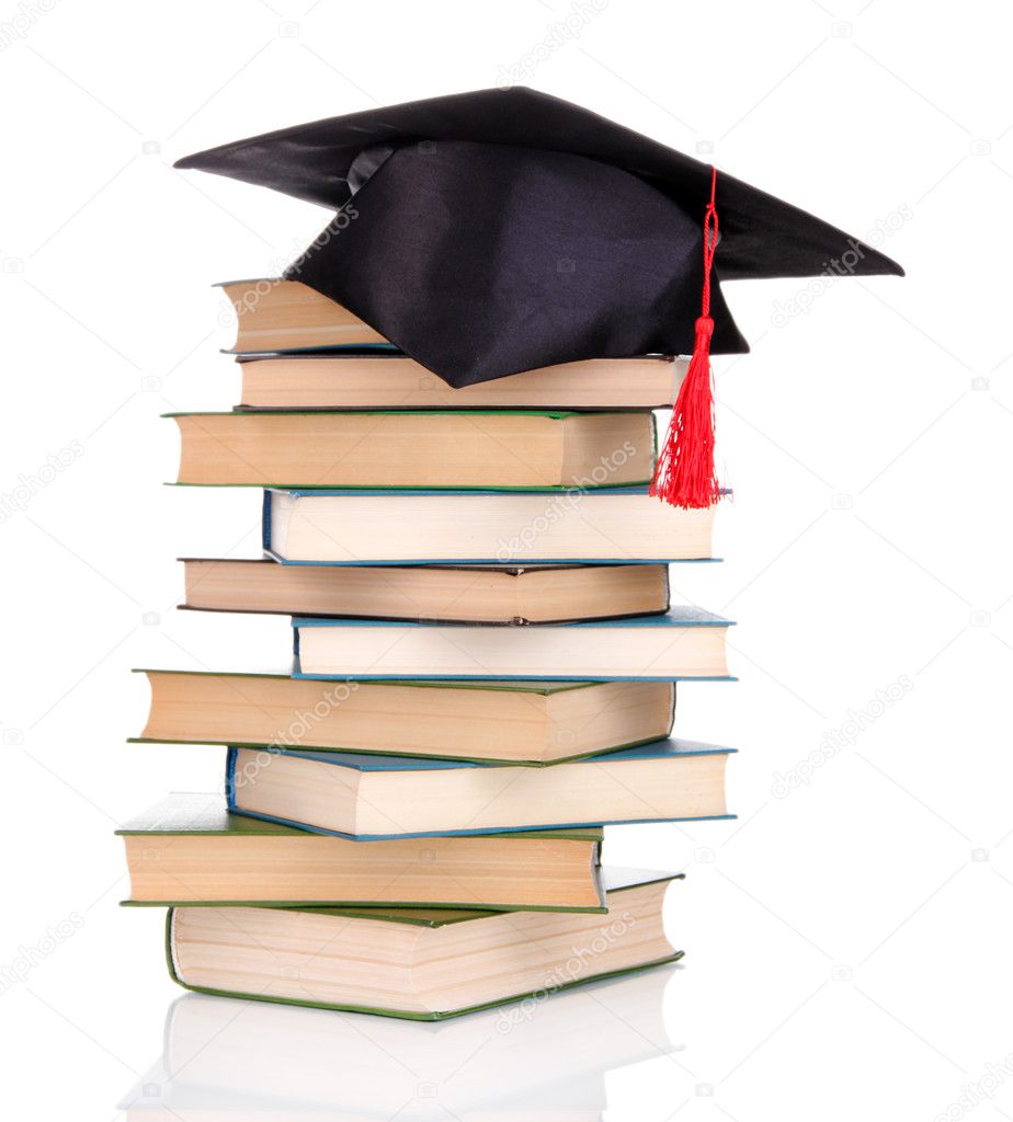 Grad hat with books isolated on white