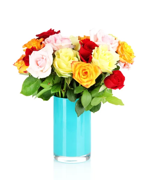 Beautiful bouquet of roses in vase isolated on white — Stock Photo, Image