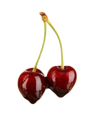 Olgun kırmızı kiraz meyveleri izole üzerine beyaz çikolata