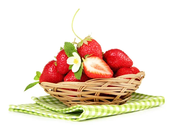 Ripe sweet strawberries in basket, isolated on white — Stock Photo, Image