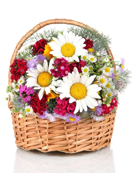 Beautiful bright flowers in wicker basket isolated on white — Stock Photo, Image