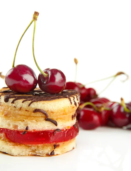 Tasty biscuit cake and berries isolated on white — Stock Photo, Image