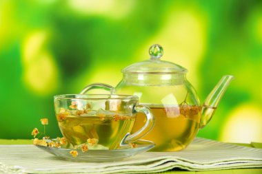 Kettle ve çay ile ıhlamur doğa zemin üzerine ahşap tablo