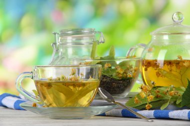 Kettle ve çay ile ıhlamur doğa zemin üzerine ahşap tablo