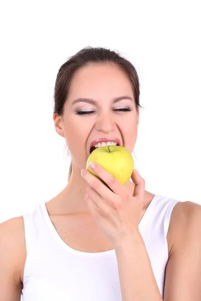 Giovane donna con mela isolata su bianco — Foto Stock