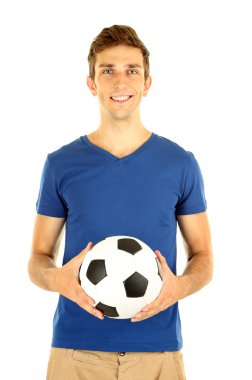 beyaz izole topu tutan genç futbolcu