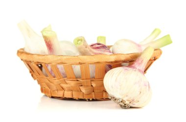 hasır sepet beyaz izole içinde taze sarımsak