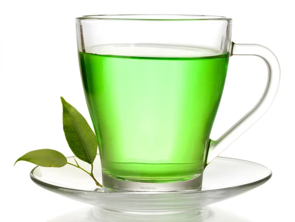 Průhledný šálek zeleného čaje, izolované na bílém — Stock fotografie