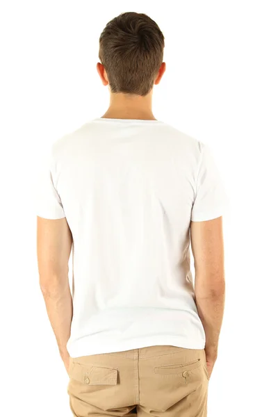 T-shirt üzerine genç adam beyaz izole — Stok fotoğraf
