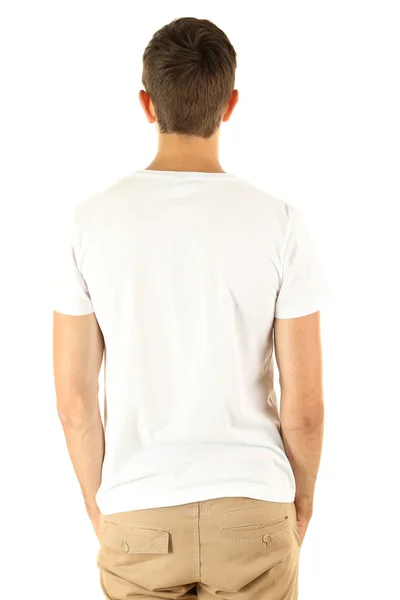 T-shirt op jonge man geïsoleerd op wit — Stockfoto