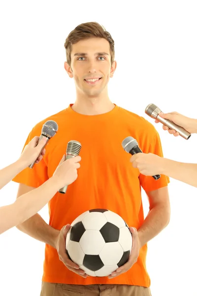 Entrevista con un joven futbolista, aislado en blanco — Foto de Stock