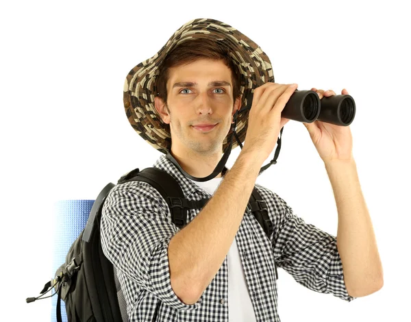 Young hiker man tourist with binocular, isolated on white — Stock Photo, Image