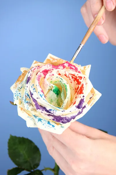 Mani femminili che tengono il fiore bianco e lo dipingono con i colori, sullo sfondo di colore — Foto Stock