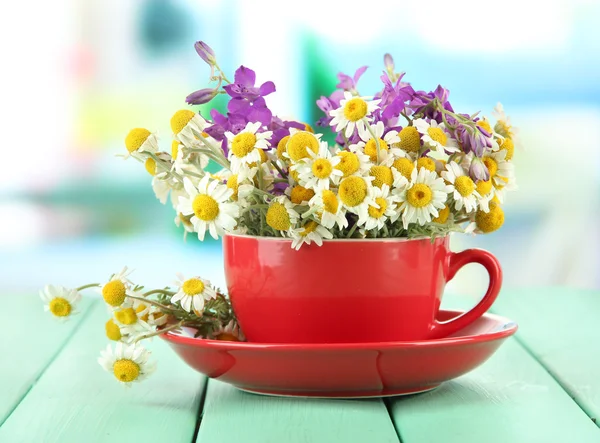 Букет з квітів ромашки в чашці, на яскравому фоні — стокове фото