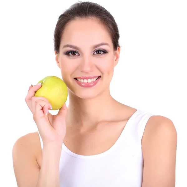 Donna sorridente con mela isolata su bianco — Foto Stock