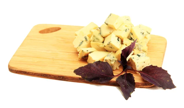 Tasty blue cheese on cutting board, isolated on white — Stock Photo, Image