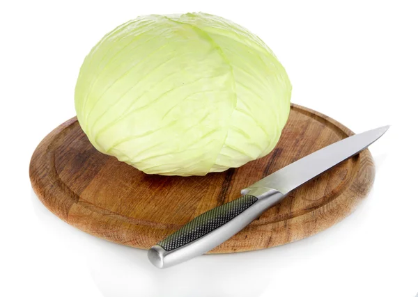 Whole green cabbage on cutting board with knife isolated on white — Stock Photo, Image