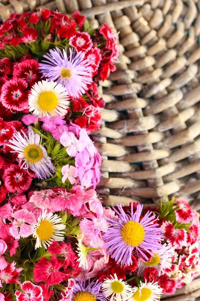 Flores silvestres sobre fondo de madera de mimbre — Foto de Stock