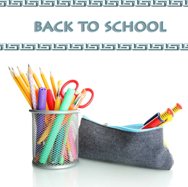 Pencil box with school equipment isolated on white — Stock Photo, Image
