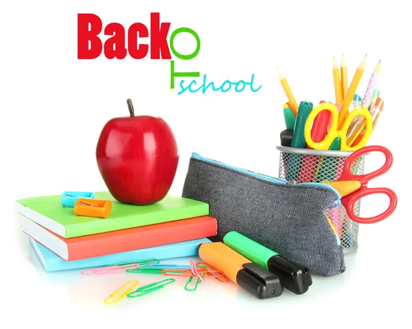 Caja de lápiz con equipo escolar y manzana aislada en blanco —  Fotos de Stock
