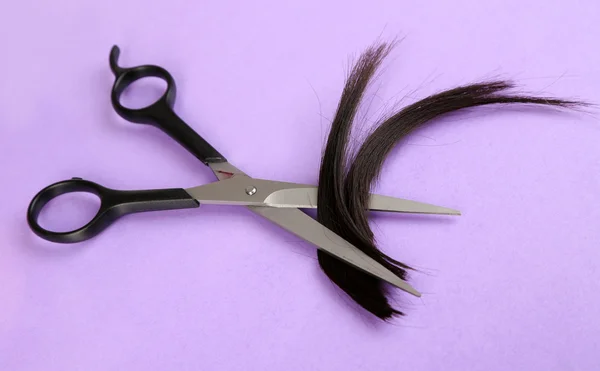 Morceaux de cheveux coupés avec des ciseaux sur fond violet — Photo