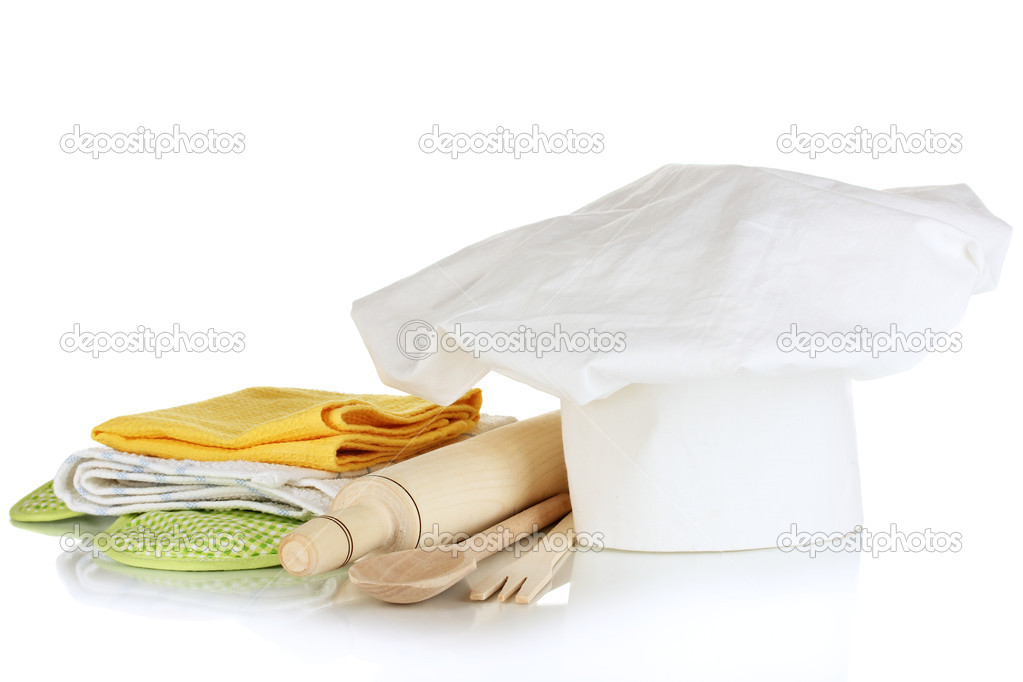 Chef S Hat With Kitchen Towels Potholders And Kitchenware Isolated Chef S Hat With Kitchen Towels Potholders And Kitchenware Isolated On White Photo By Belchonock