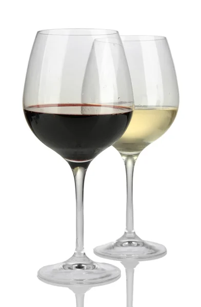 Two glasses of red and white wine, isolated on white — Stock Photo, Image