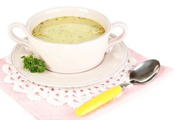 Nahrhafte Suppe mit Gemüse in der Pfanne isoliert auf weiß — Stockfoto