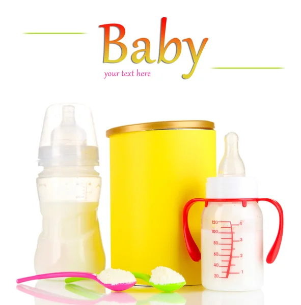 Bottle with milk and food for babies isolated on white — Stock Photo, Image