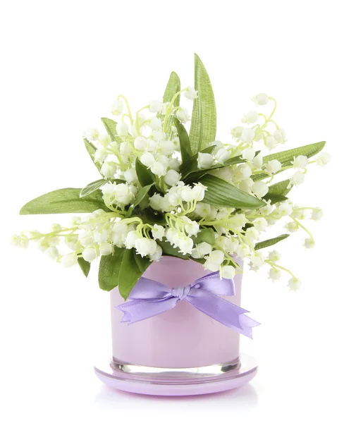 Beautiful lily of the valley in vase isolated on white — Stock Photo, Image