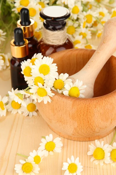 Óleo essencial e flores de camomila em argamassa sobre mesa de madeira — Fotografia de Stock