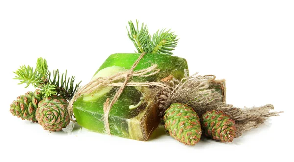 Hand-made soap and green pine cones, isolated on white — Stock Photo, Image