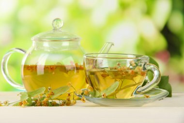 Kettle ve çay ile ıhlamur doğa zemin üzerine ahşap tablo