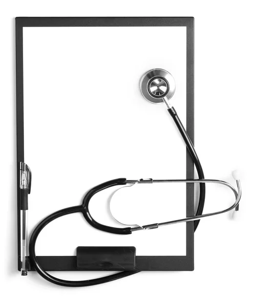 Stethoscope and black clipboard isolated on white — Stock Photo, Image