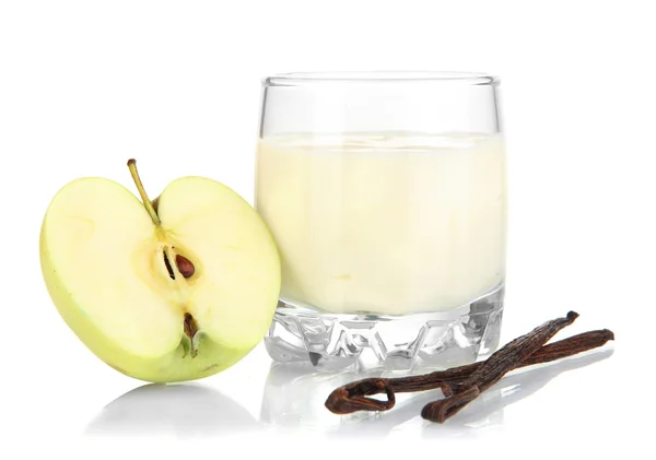 Delicious yogurt in glass with apple isolated on white — Stock fotografie