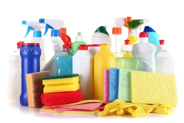 Different kinds of house cleaners and colorful sponges, gloves isolated on white — Stock Photo, Image