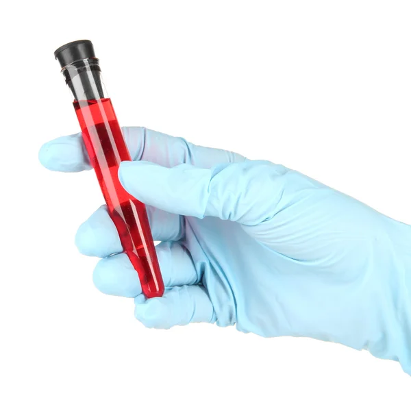 Test tubes with blood in hand isolated on white — Stock Photo, Image